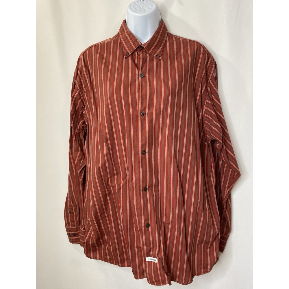 Vintage Calvin Klein Men's Long Sleeve Button Down Shirt Size Large Striped Rust